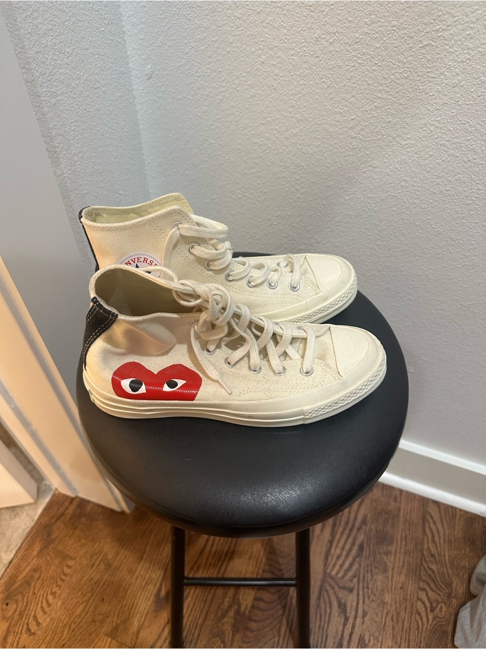 Comme des Garcons PLAY x Converse High-Top Sneakers in Cream with Red Heart